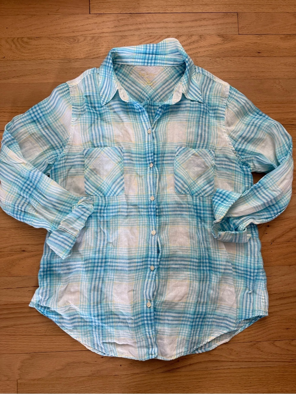 Lilly Pulitzer Medium Sea View Blue & White Plaid 100% Linen Button Down Blouse